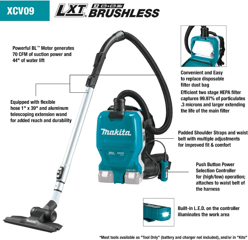 Accessories included with Makita cordless backpack vacuum