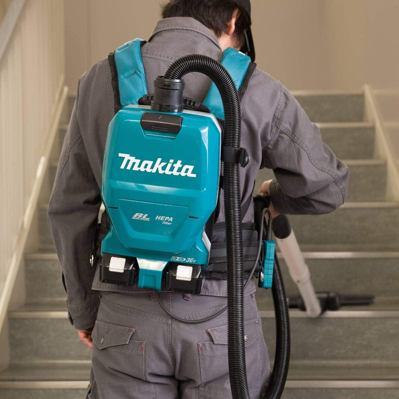 Makita cordless backpack vacuum used for construction jobsite cleaning