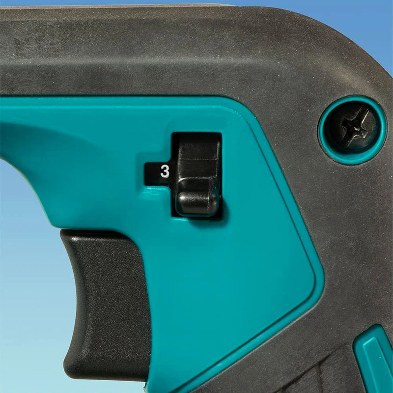 Makita DUB185Z three-speed selector and variable trigger close-up