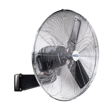 Matrix Industrial EA284 26-inch wall fan angled view showing wall bracket and chrome grill