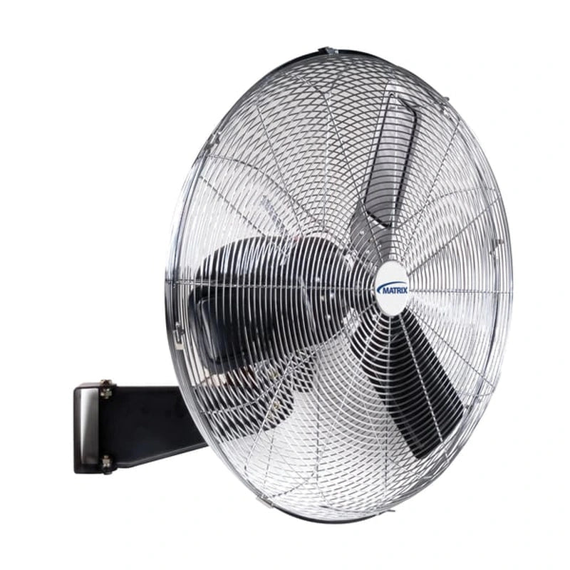 Matrix Industrial EA284 26-inch wall fan angled view showing wall bracket and chrome grill
