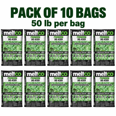 Illustration of ten Meltco 50 lb bags in two rows of five, labelled Pack of 10 Bags