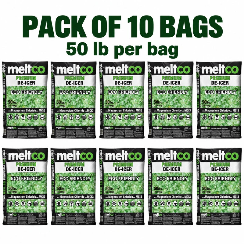 Illustration of ten Meltco 50 lb bags in two rows of five, labelled Pack of 10 Bags