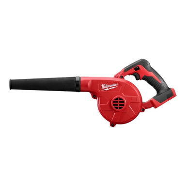 Milwaukee 0884-20 M18 compact blower with black nozzle and empty battery mount, side view