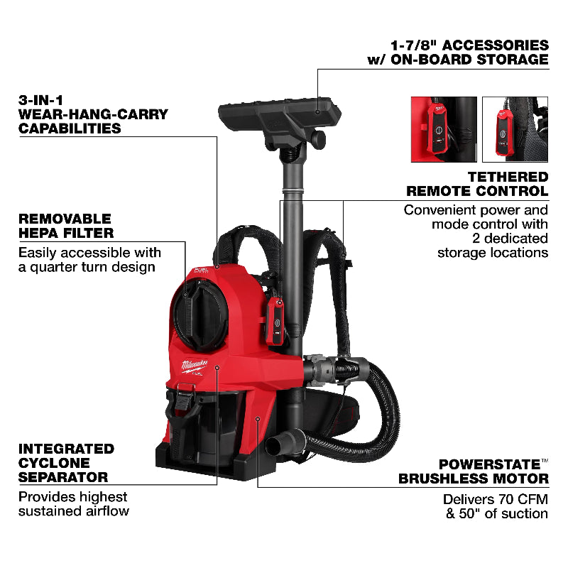 Milwaukee 0895-20 backpack vacuum HEPA filter system ensuring dust-free and allergen-safe cleaning