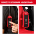 Milwaukee 0895-20 tethered remote shown on a shoulder strap and stored on the vacuum