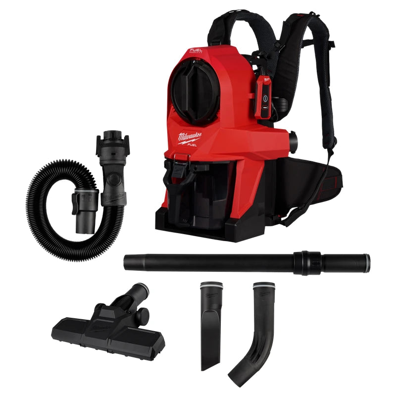 Milwaukee 0895-20 backpack vacuum beside its hose, wand, handle, floor tool and crevice tool