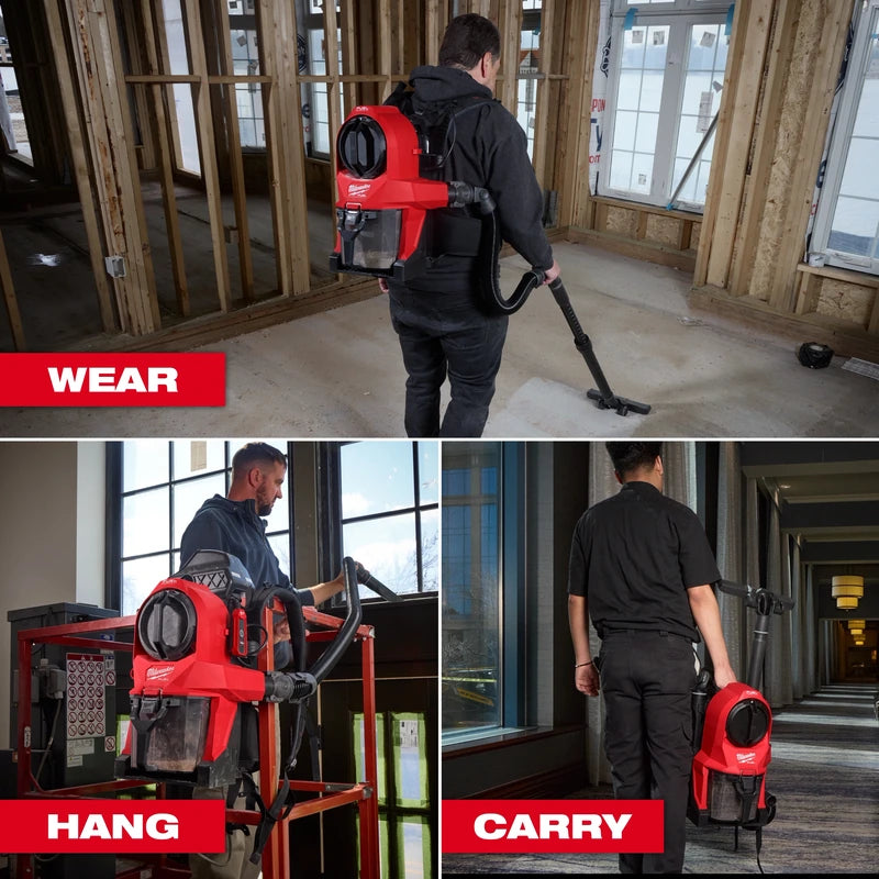 Milwaukee 0895-20 vacuum shown worn on a back, hanging from a support and carried by its handle