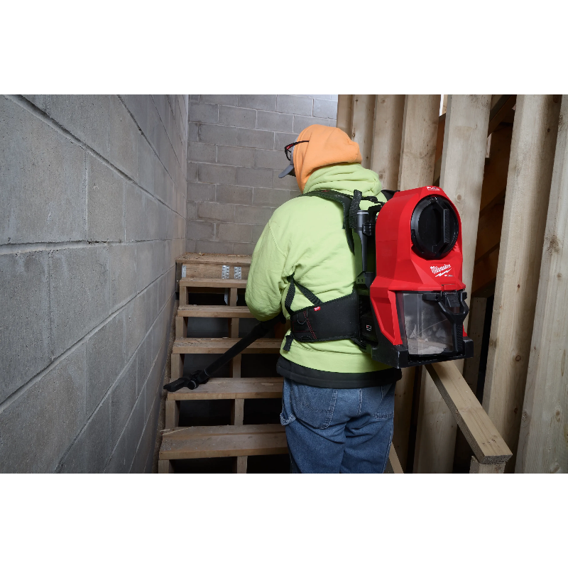 Milwaukee FUEL 3-in-1 Backpack Vacuum 0895-20 worn on back for hands-free cleaning at jobsite