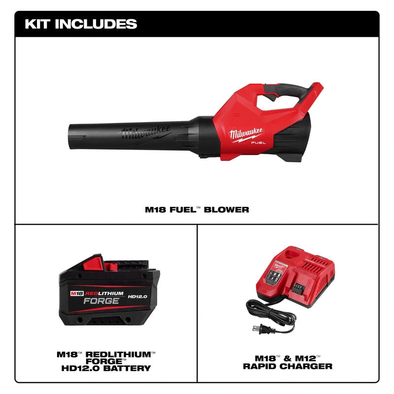 Milwaukee 3017-21HD kit contents graphic showing the blower, FORGE HD12.0 battery and M18 & M12 Rapid Charger