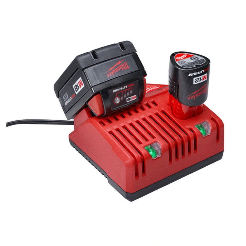 Milwaukee 48-59-1812 charger showing compatible M18 and M12 batteries not included