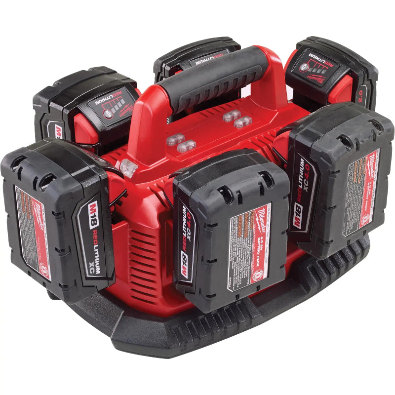Side view of Milwaukee M18 Six Pack Sequential Charger compatible with all M18 lithium-ion batteries for professional cordless cleaning tools