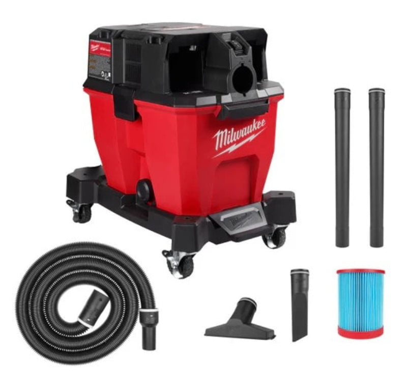 Milwaukee M18 FUEL 9-gallon wet dry vacuum mounted on cart