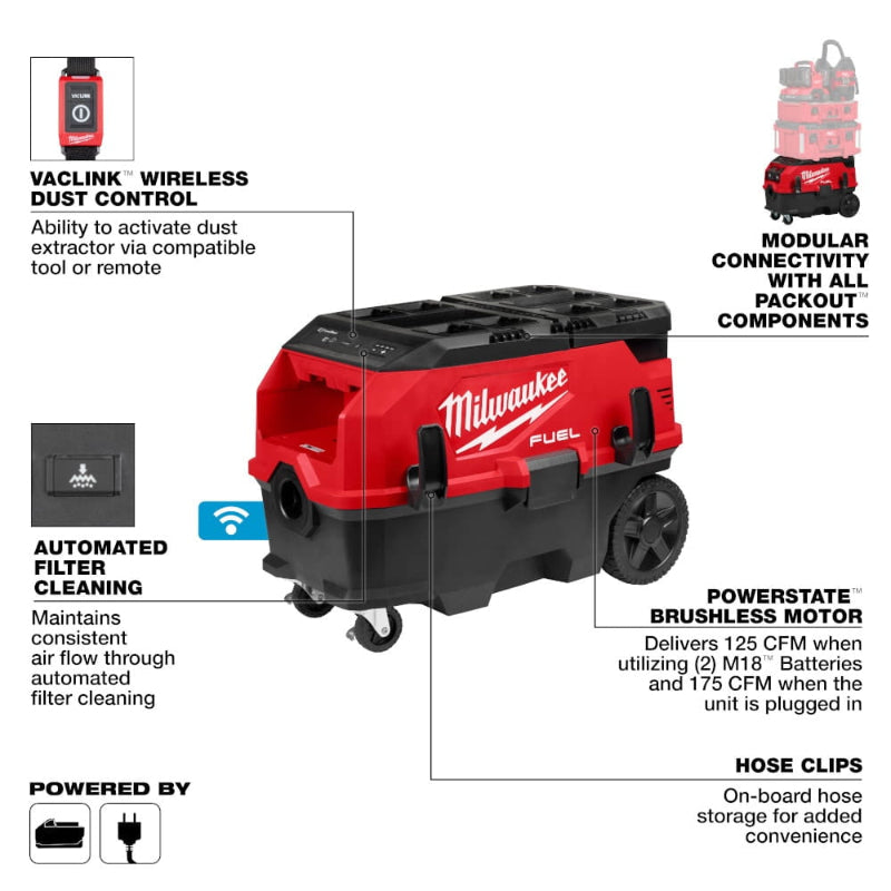 Milwaukee M18 FUEL 9 Gallon PACKOUT dust extractor technical specifications and filtration features