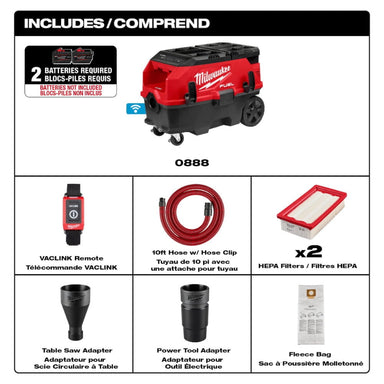Milwaukee M18 FUEL 9 Gallon PACKOUT dust extractor with included accessories and VACLINK features