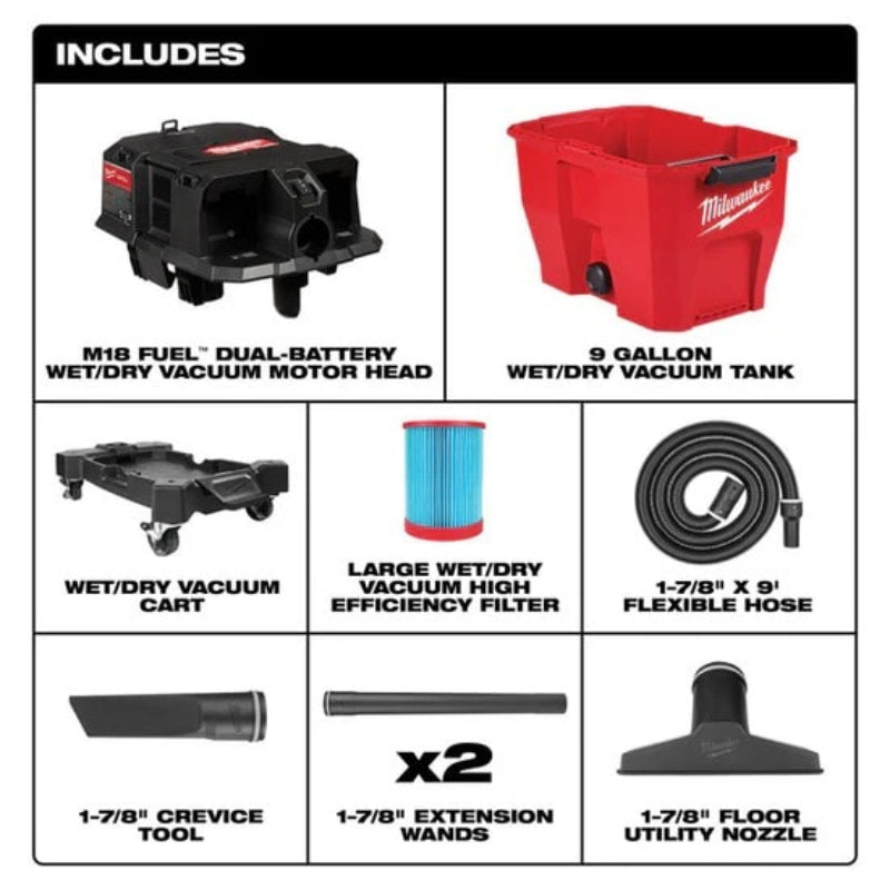 Accessories included with Milwaukee M18 FUEL 9-gallon wet dry vacuum
