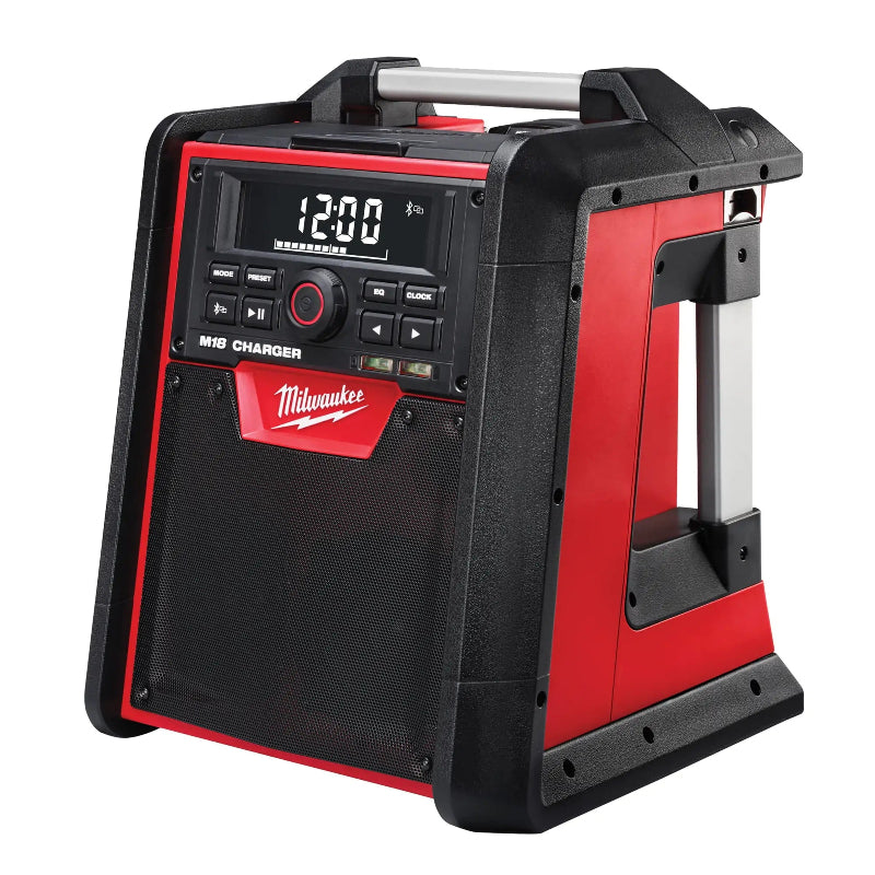 Angled view of Milwaukee M18 Jobsite Radio and Charger 2792-20 for commercial cleaning, maintenance, and construction professionals