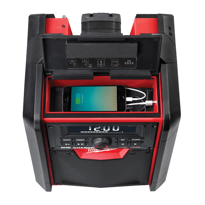 Milwaukee M18 Jobsite Radio and Charger 2792-20 front view with integrated M18 battery charger for professional job sites