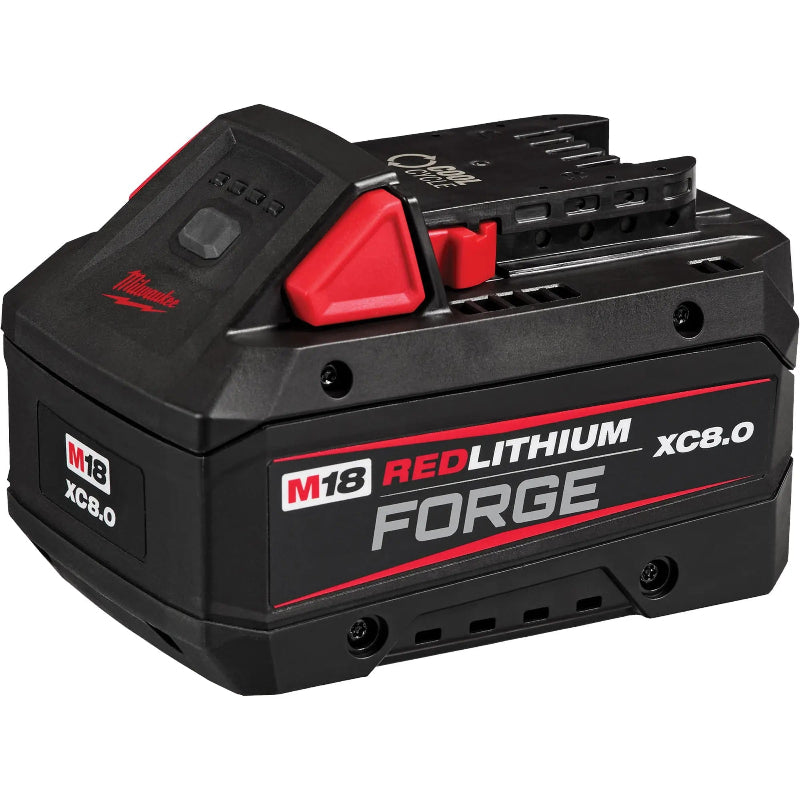 Top view of Milwaukee M18 REDLITHIUM FORGE XC8.0 18V 8.0Ah battery designed for Milwaukee M18 cordless tools and commercial cleaning equipment