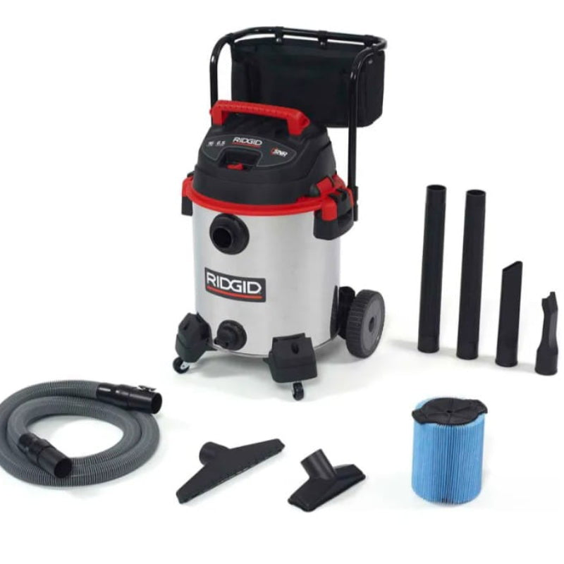 RIDGID 1610RV 16 gallon stainless steel wet dry vacuum with cart and commercial cleaning accessories