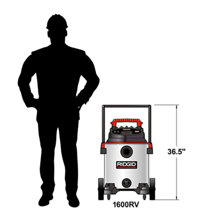 Size comparison of the RIDGID 1610RV 16 gallon commercial wet dry vacuum