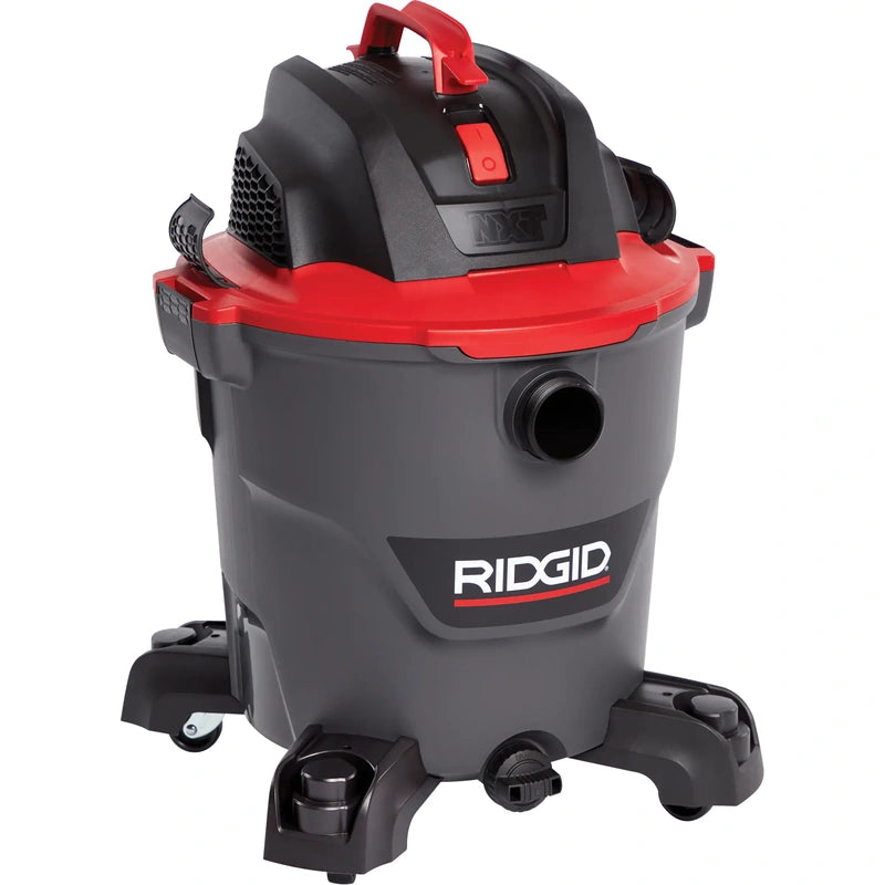Front view of RIDGID RT1200 showing red carry handle, hose inlet, caster feet and drum drain