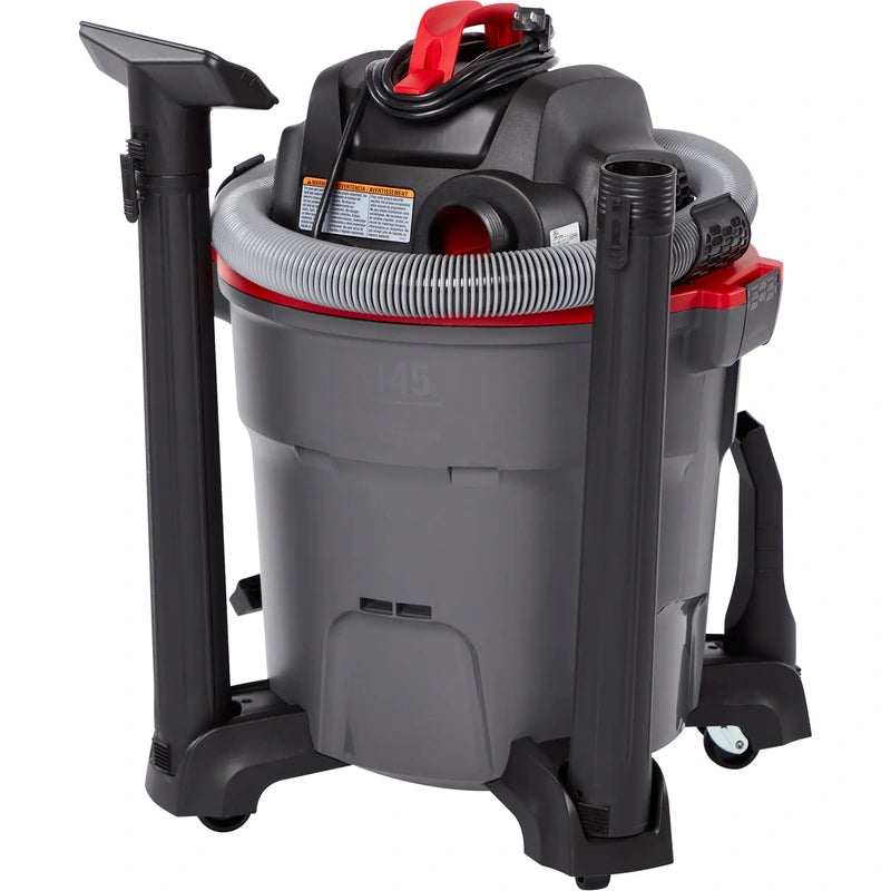Rear view of RIDGID RT1200 with hose, wands and nozzles stored on the vacuum