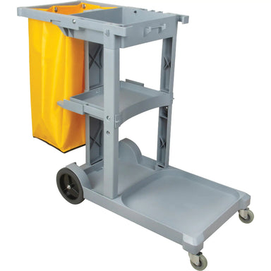 RMP commercial janitor cart with yellow vinyl bag, storage shelves, and mop holders for professional cleaning