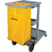 Rear view of RMP commercial janitor cart with removable yellow vinyl bag and commercial-duty wheels
