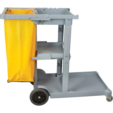 Side view of RMP commercial janitor cart showing storage shelves, vinyl collection bag, and rear wheels