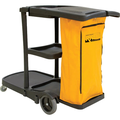 RMP Maintenance Products JG813 commercial janitor cleaning cart with four shelves and yellow collection bag for professional cleaning teams
