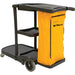RMP Maintenance Products JG813 commercial janitor cleaning cart with four shelves and yellow collection bag for professional cleaning teams