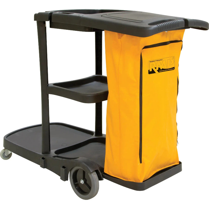 RMP Maintenance Products JG813 commercial janitor cleaning cart with four shelves and yellow collection bag for professional cleaning teams