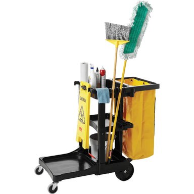 Rubbermaid janitorial cleaning cart with organized storage compartments for commercial cleaning professionals