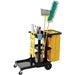 Rubbermaid janitorial cleaning cart with organized storage compartments for commercial cleaning professionals
