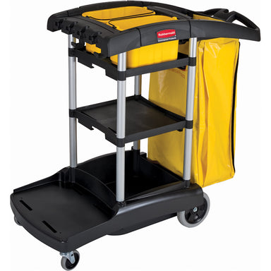 Rubbermaid high capacity commercial cleaning cart with storage bins for janitorial supplies, housekeeping, and facility maintenance