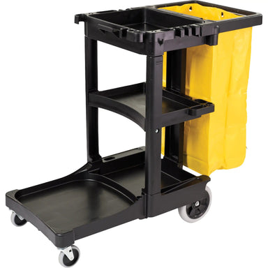 Rubbermaid commercial janitor cleaning cart with waste bag platform and storage shelves for facility maintenance