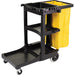 Rubbermaid commercial janitor cleaning cart with waste bag platform and storage shelves for facility maintenance