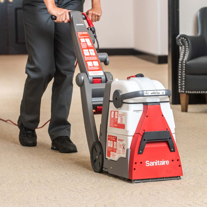Sanitaire RESTORE SC6100A Commercial Carpet Cleaner Extractor front view showing upright design and brush roll