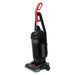 Angled view of Sanitaire SC5745D with bagless dirt cup, red handle and upright cleaning head