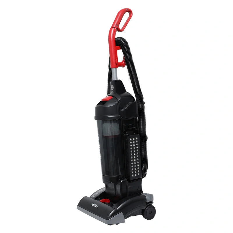 Angled view of Sanitaire SC5745D with bagless dirt cup, red handle and upright cleaning head