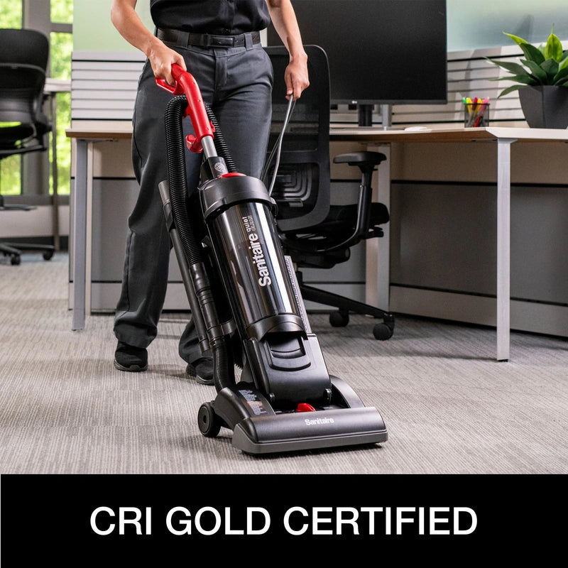 Sanitaire SC5745D cleaning office carpet in a manufacturer image marked CRI Gold Certified