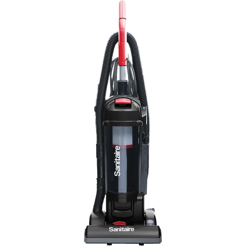 Sanitaire SC5745D bagless upright vacuum shown from the front with hose stored on the body