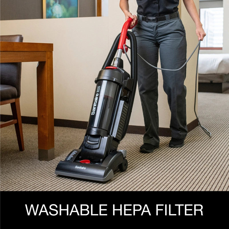 Sanitaire SC5745D on carpet in a manufacturer image identifying its washable HEPA filter