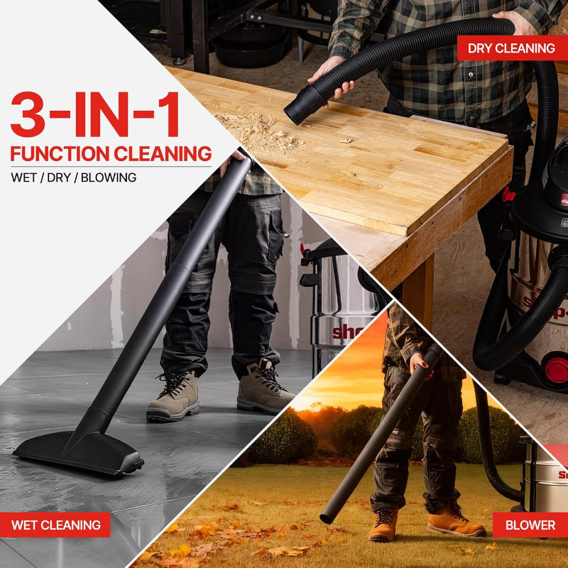 Shop-Vac SVX2 stainless steel wet dry vacuum showing 3 in 1 cleaning functionality