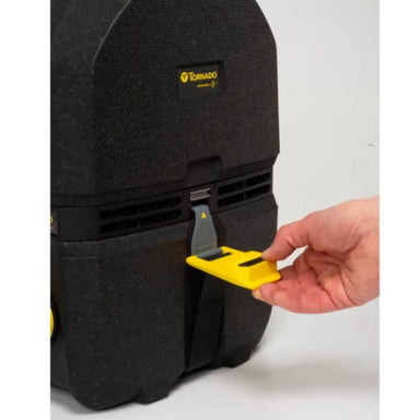 Tornado Zephyr cordless HEPA backpack vacuum latch detail commercial cleaning equipment