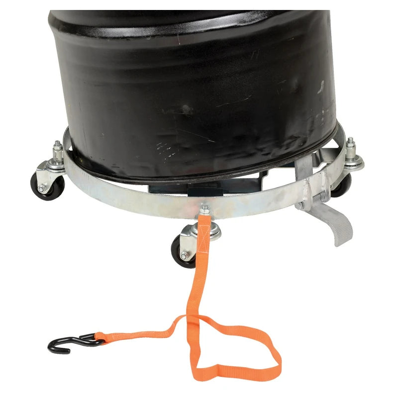 Close-up of a steel drum on the Vestil DRUM-QUAD-H-TLT dolly with pull strap visible