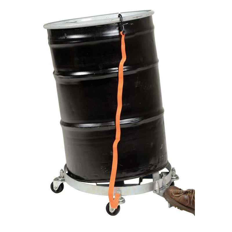 Vestil DRUM-QUAD-H-TLT dolly holding a steel drum in the tilted position