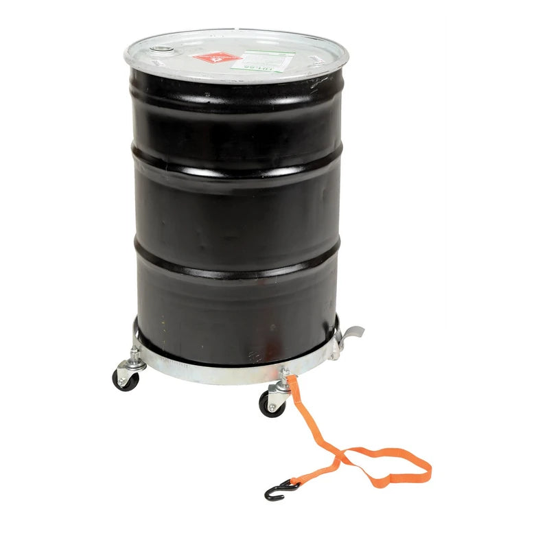 Vestil DRUM-QUAD-H-TLT dolly supporting a steel drum in the upright position