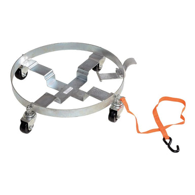 Vestil DRUM-QUAD-H-TLT steel tilting drum dolly with four hard rubber swivel casters and orange pull strap